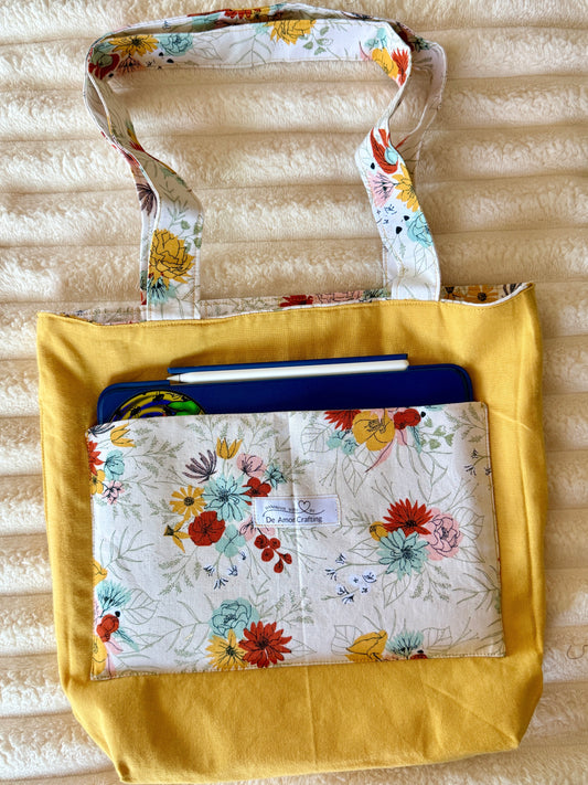 White Multi-Color Floral Quilted Tote Bag