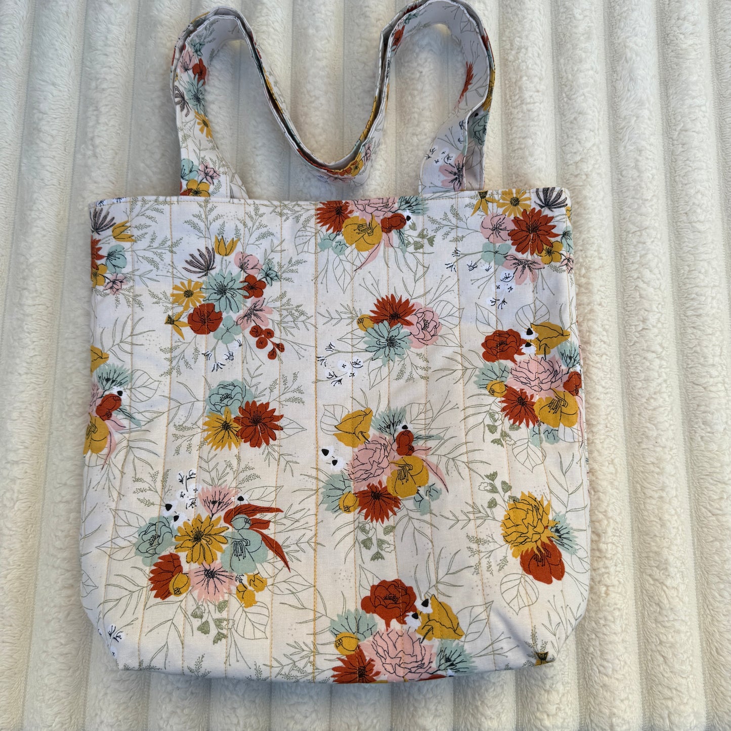 White Multi-Color Floral Quilted Tote Bag