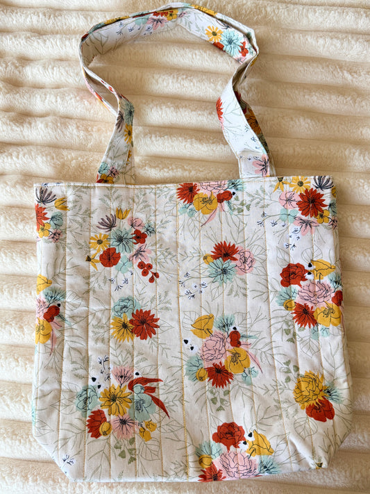 White Multi-Color Floral Quilted Tote Bag